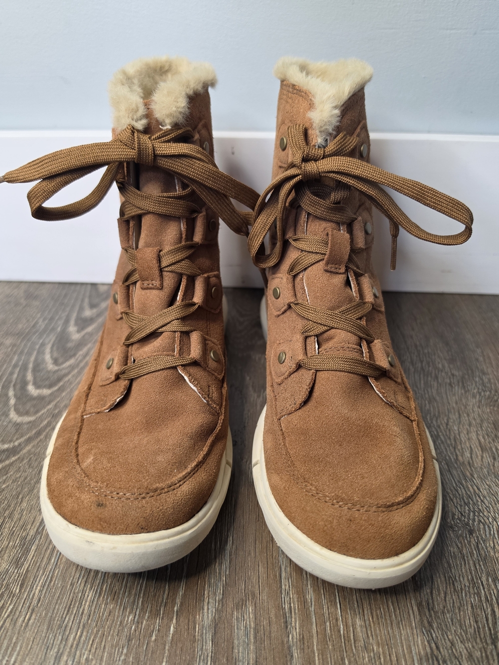 Sorel Explorer Next Joan Waterproof Suede Faux Fur Lace Up Winter Boots Camel 7